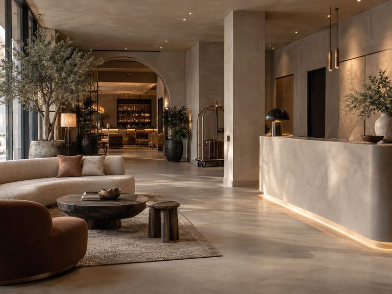 Hotel & building lobby · concept render — microcement finish
