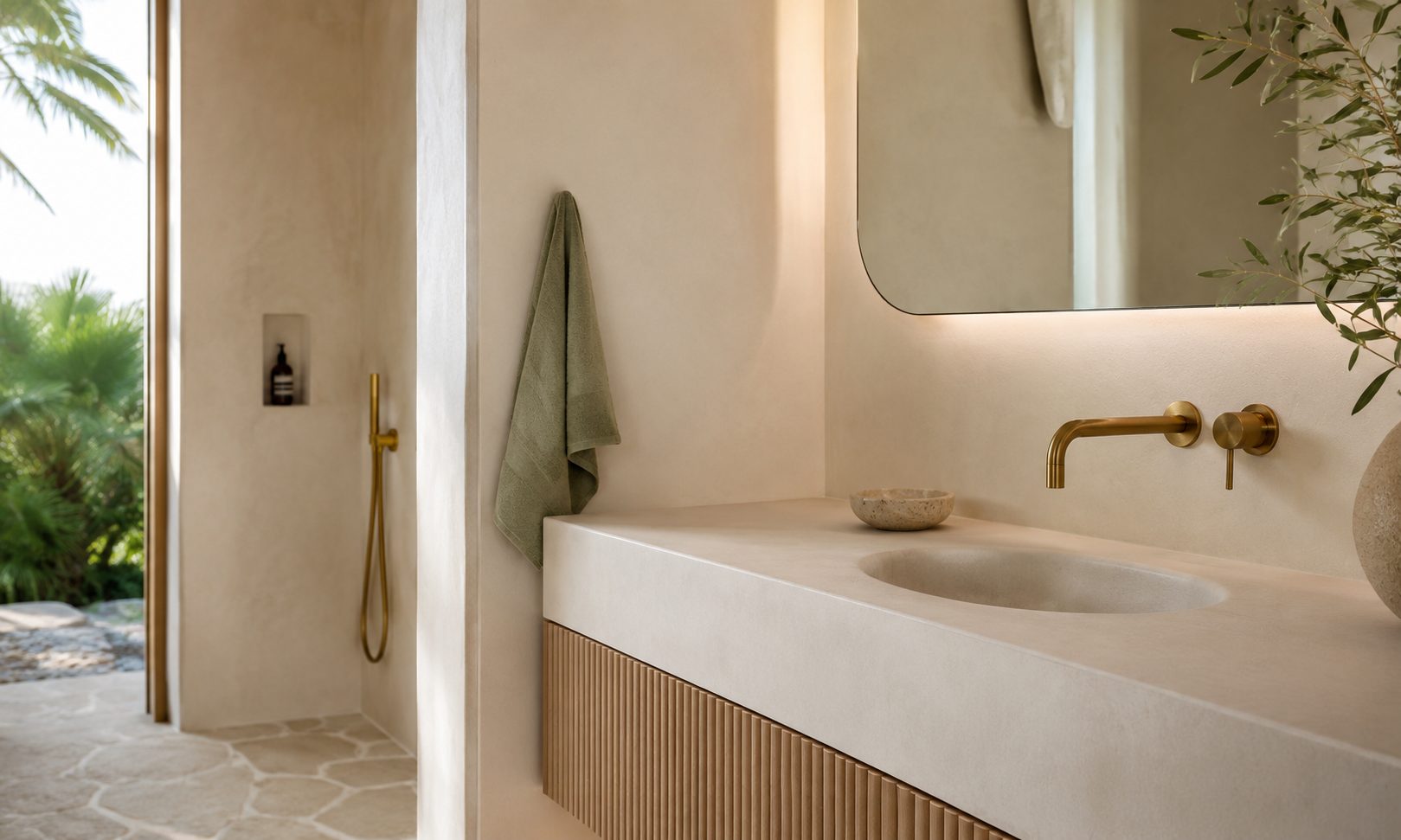 Warm white microcement bathroom