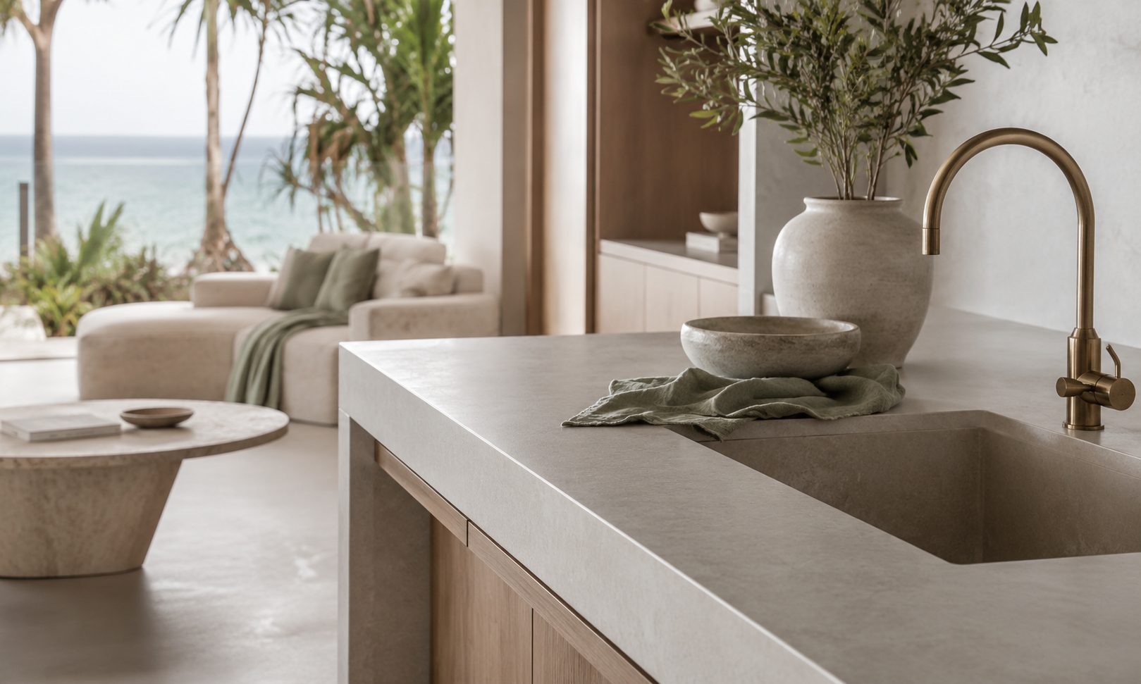 Soft grey microcement kitchen