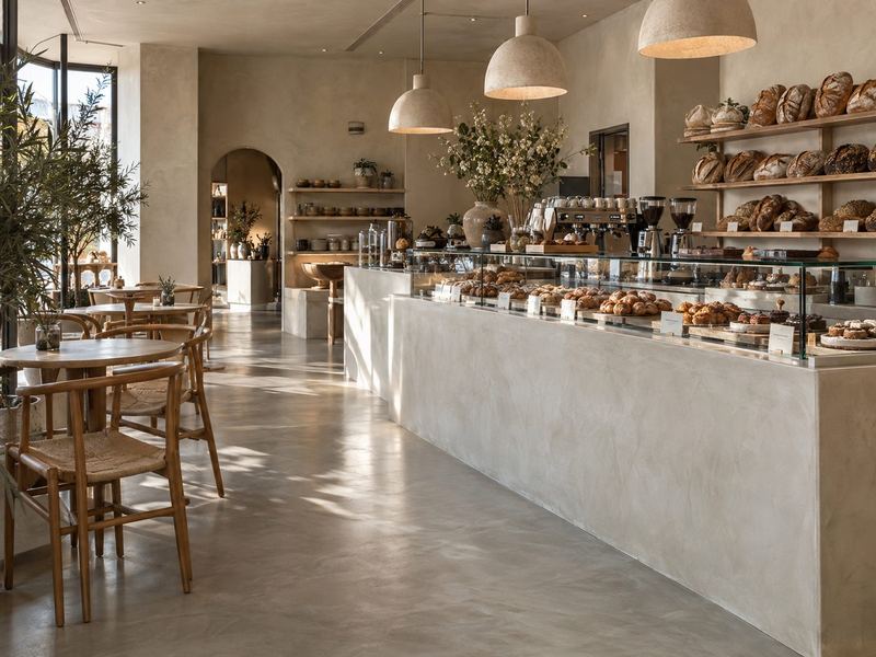 Café & bakery · concept render — microcement finish