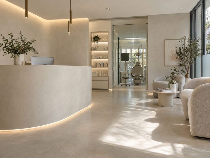 Medical & dental clinic · concept render — microcement finish