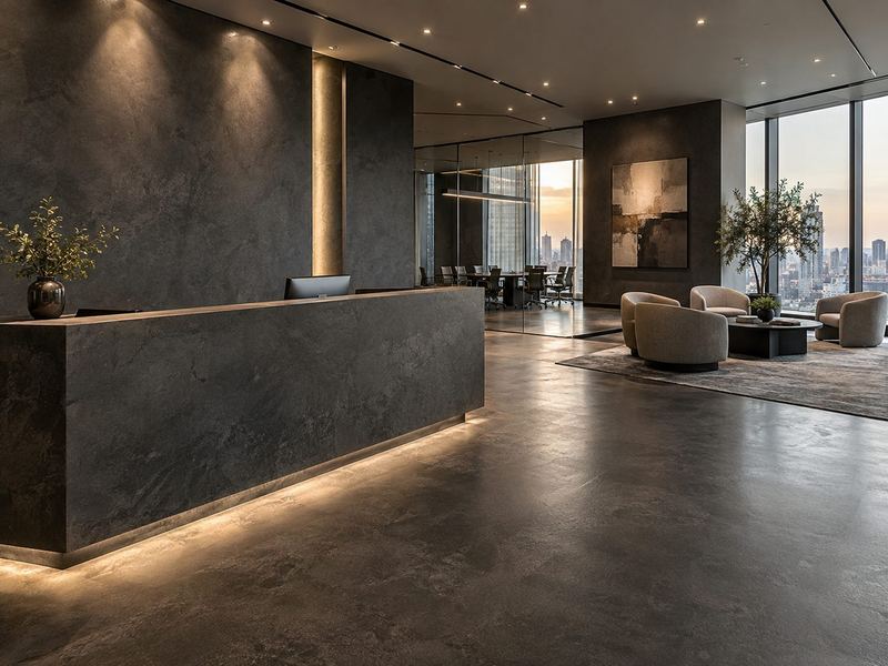 Offices & reception · concept render — microcement finish