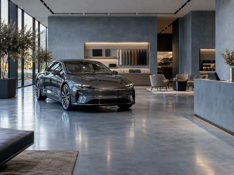 Showroom & dealership · concept render — microcement finish